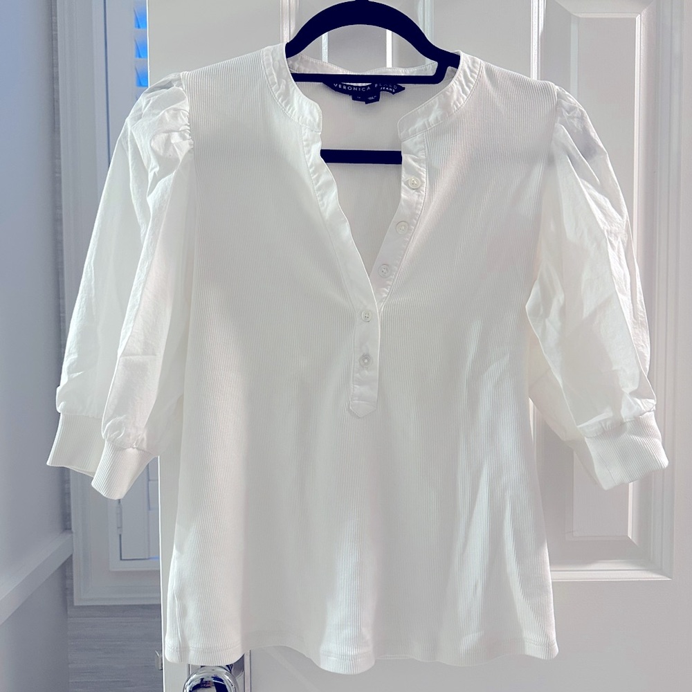 VERONICA BEARD Solid Black Coralee Puff-Sleeve Stretch Cotton Top